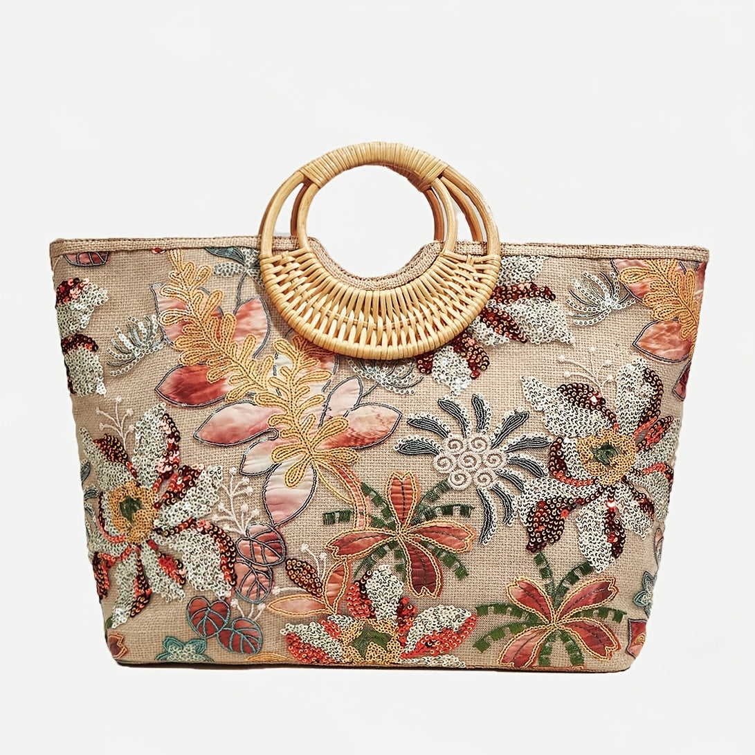 Sac Cabas Femme Brodé et Perlé à Motif Floral – Poignée Tressée, Grande Capacité, Style Décontracté Plage et Vacances, Bandoulières Fixes, Fermeture Éclair, Doublure en Polyester, Multicolore