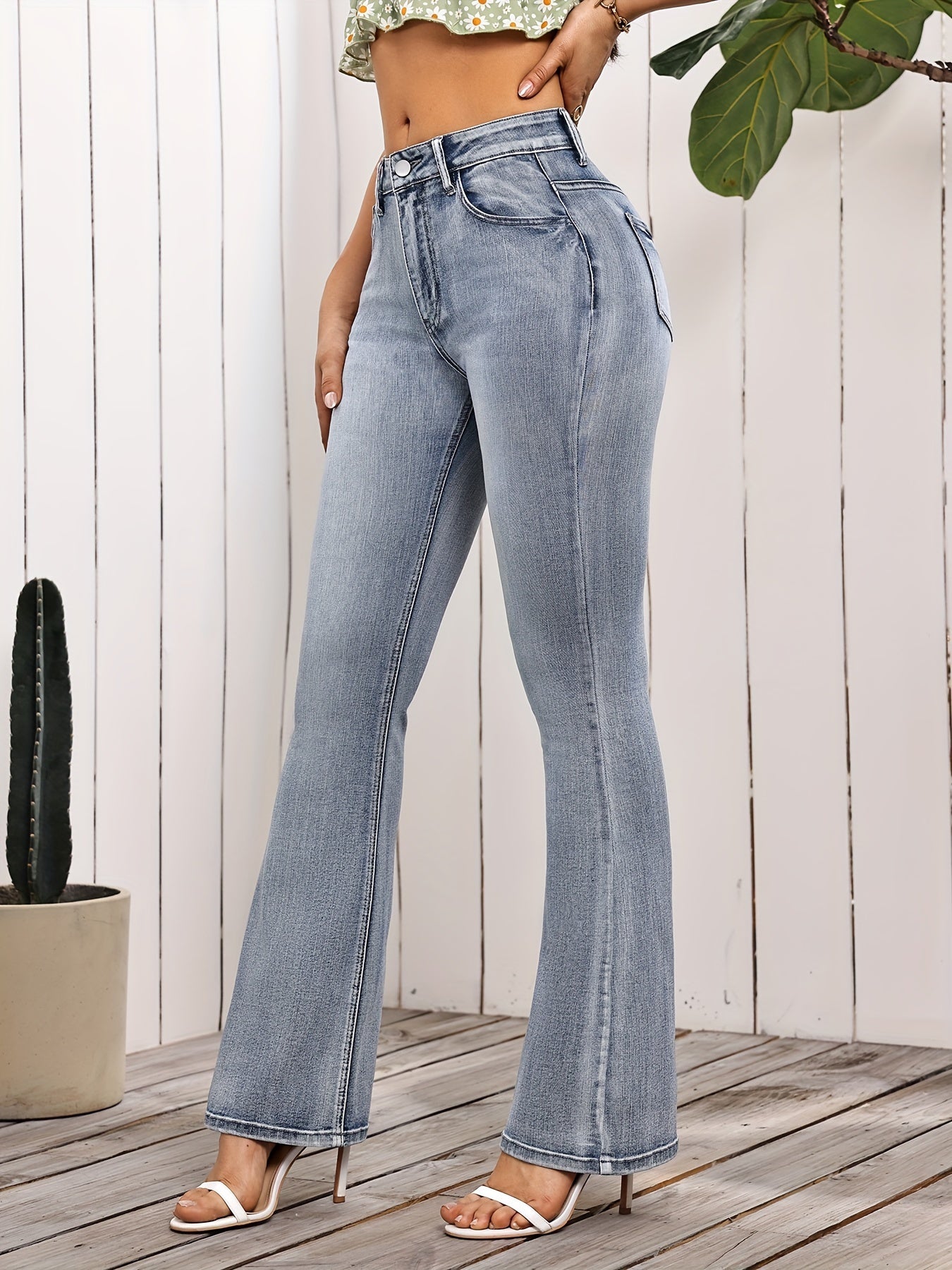 Jeans Femme Taille Haute Évasé Extensible Denim Broderie Étoiles Poches Effet Usé Vintage Confort Décontracté Lavable