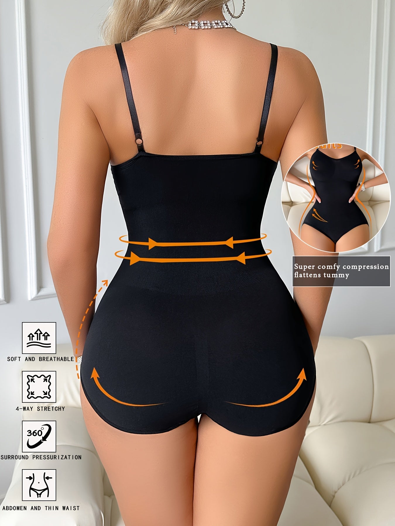 Combinaison moulante femme avec contrôle du ventre, une pièce, effet rehausse fessier et taille sculptée, sans coques ni armatures, idéale pour plage, maillot ou soirée, lavable à la main, coloris noir ou orange, adaptée aux silhouettes courbes