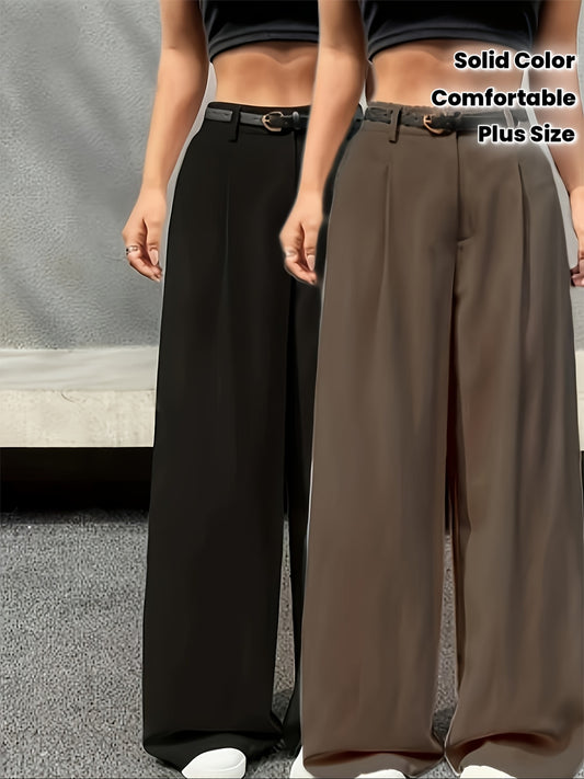 Lot de 2 Pantalons Femme Grande Taille – Taille Haute, Jambe Large, Ourlet Asymétrique, Couleur Unie, Sans Extensibilité, Tous Saisons