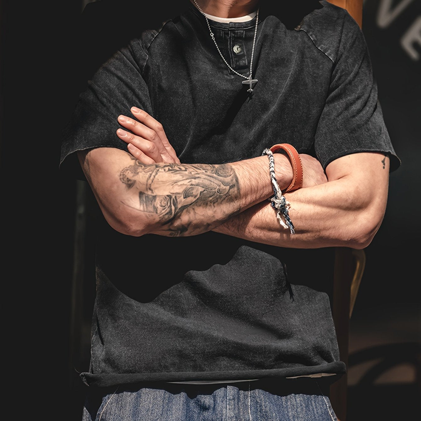 Maden Men's Casual Henry T-Shirt Vintage Inspired Enzyme Wash Tee Slim Fit Stretch Short Sleeve Tshirt, Weekend Attire, Streetwear Style, Distressed Look, Retro Tshirt, Soft, Stretch Fabric, Fitted Shirt, Casual Wardrobe, Urb