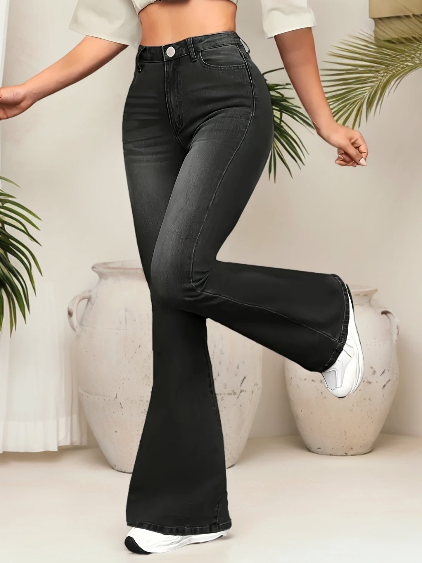 Jeans Femme Taille Haute Évasé Extensible Noir Taille Mi-Haute Boutons Style Street Confort Toute Saison Décontracté