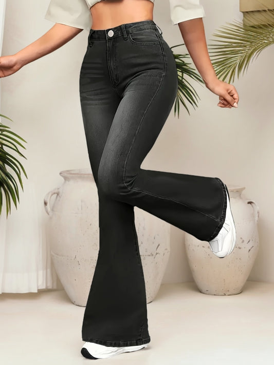 Jeans Femme Taille Haute Évasé Extensible Noir Taille Mi-Haute Boutons Style Street Confort Toute Saison Décontracté