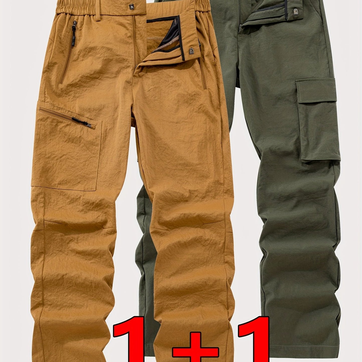 Pantalons cargo robustes pour homme (2 pièces) – multi-poches, style tactique outdoor, fermeture à boucle de ceinture, taille mi-haute, lavables en machine, idéals randonnée, camping, vélo, cadeau parfait (marron/noir)