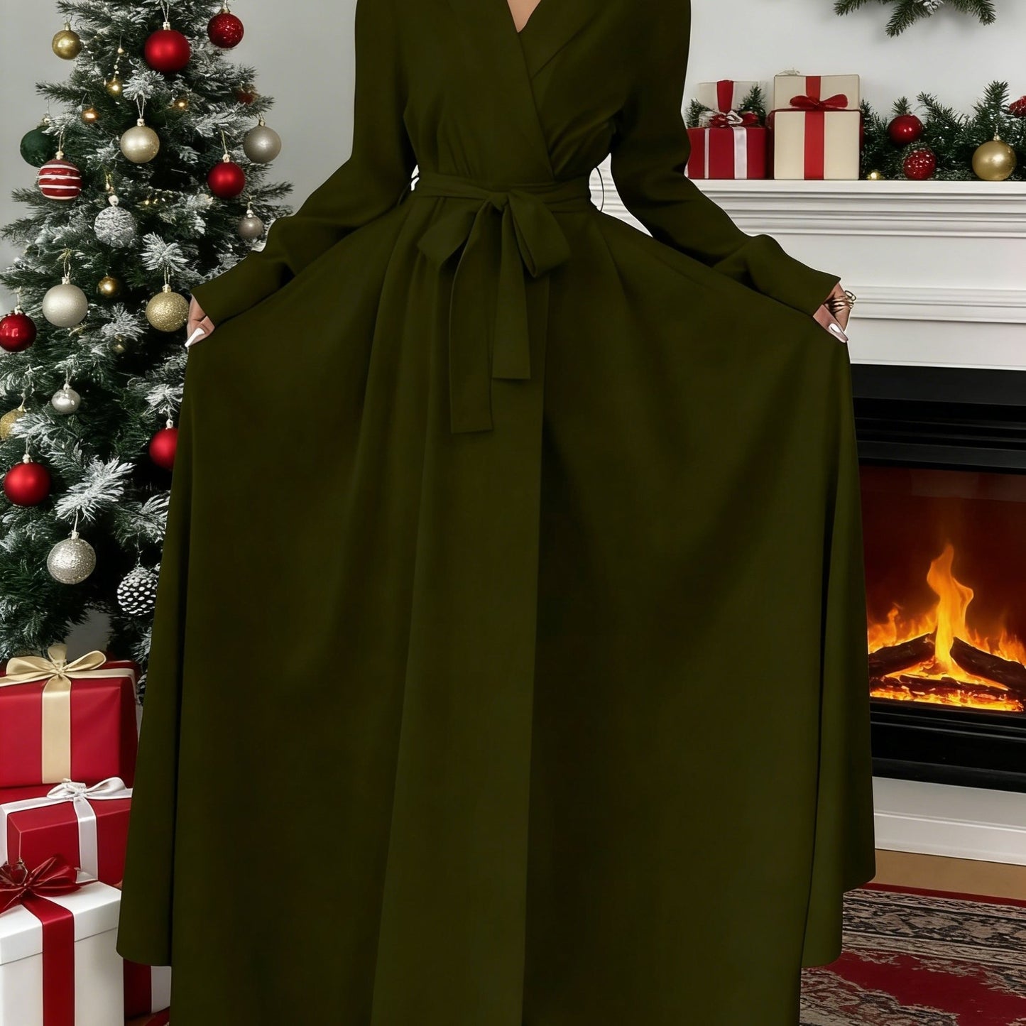 Women's Elegant A-Line Maxi Dress with Collar & Lace-Up Waist - Solid Color Formal Wedding Party Dress, Long Sleeve Flowing Flared, Machine Washable (Elegant Special Line Collection)