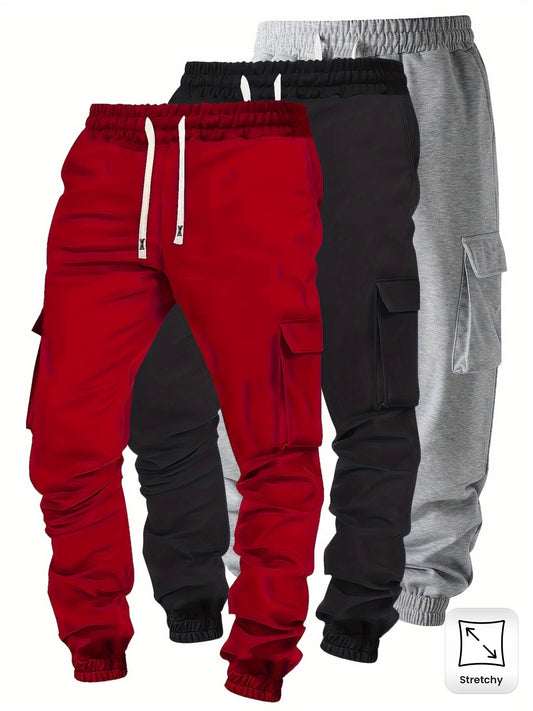 3pcs Joggers Homme Grande Taille – Polyester, Cordon, Poches, Loose Fit, Poignets Élastiques