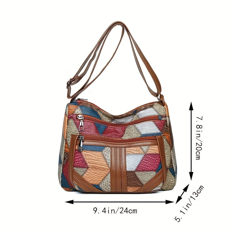 Sac femme – Sac bandoulière casual, design patchwork, style simple et tendance, fermeture éclair aléatoire