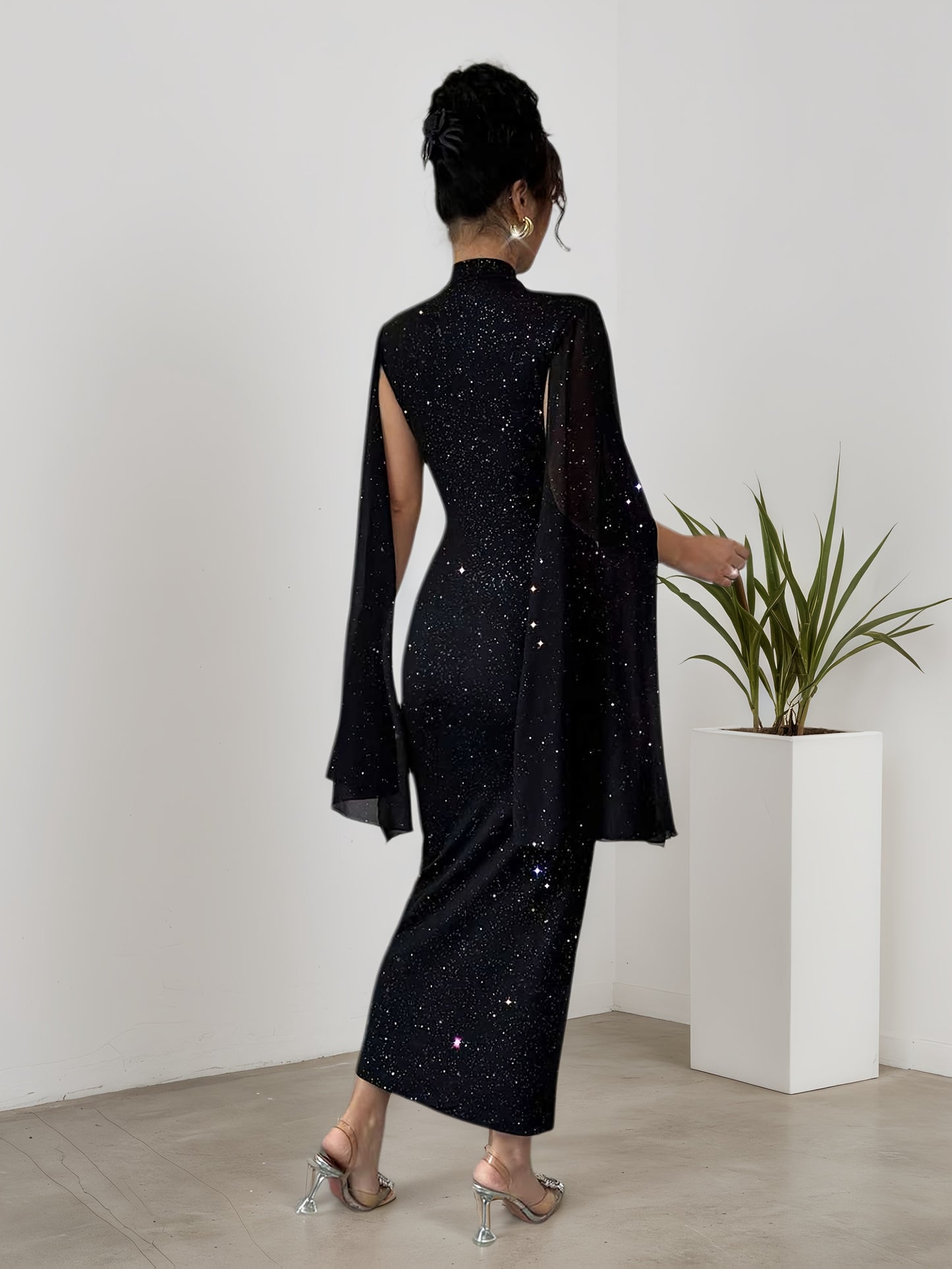 High Neck Star Sequin Dress with Cape Shawl | Y2K Party Evening Dress (Fits Small! Order 1 Size Up)