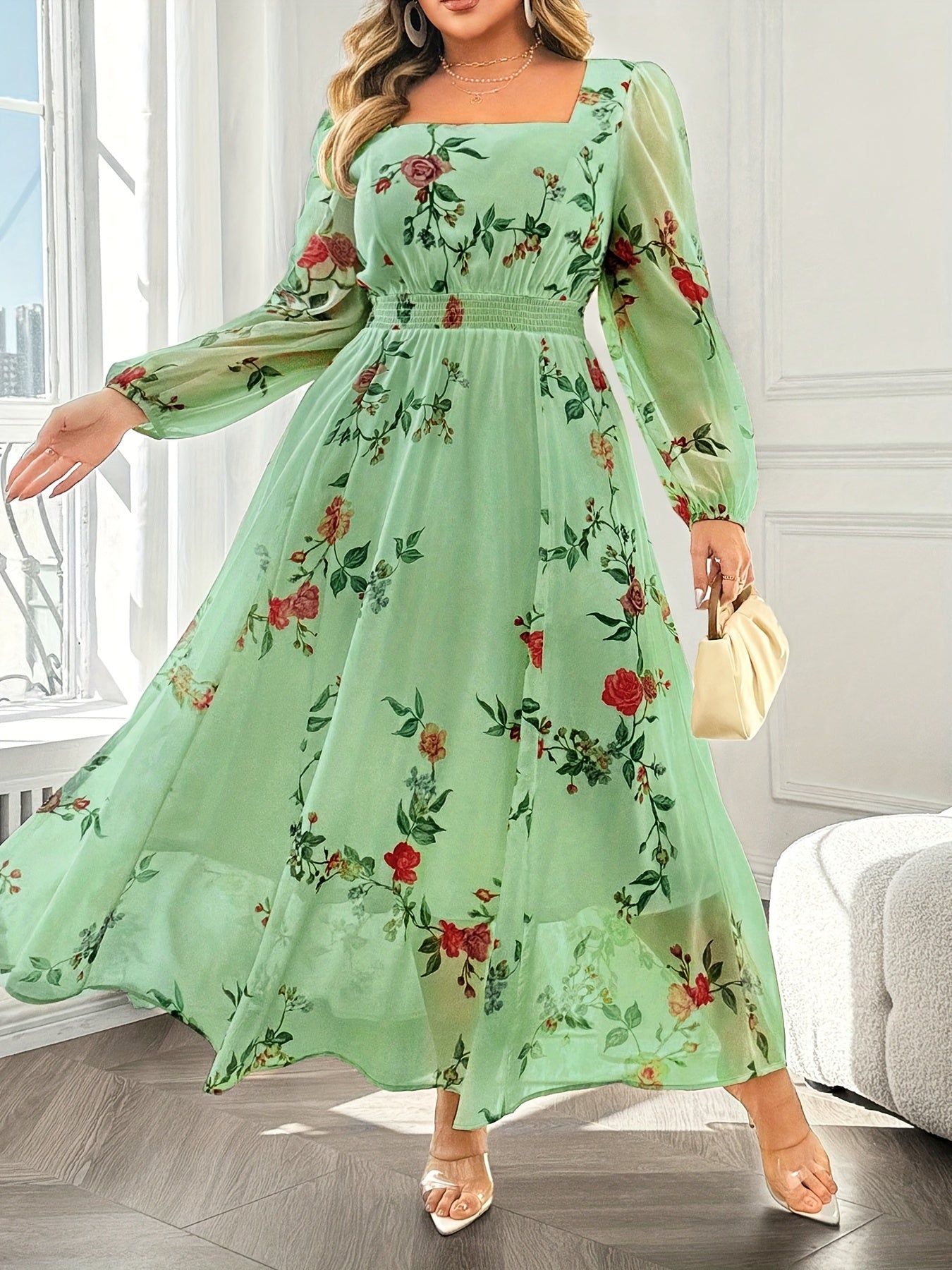 Robe Longue Grande Taille Élégante – Imprimé Floral, Col Carré, Manches Lanternes, Coupe Flare, Légère et Respirante, Idéale Vacances et Sorties Décontractées