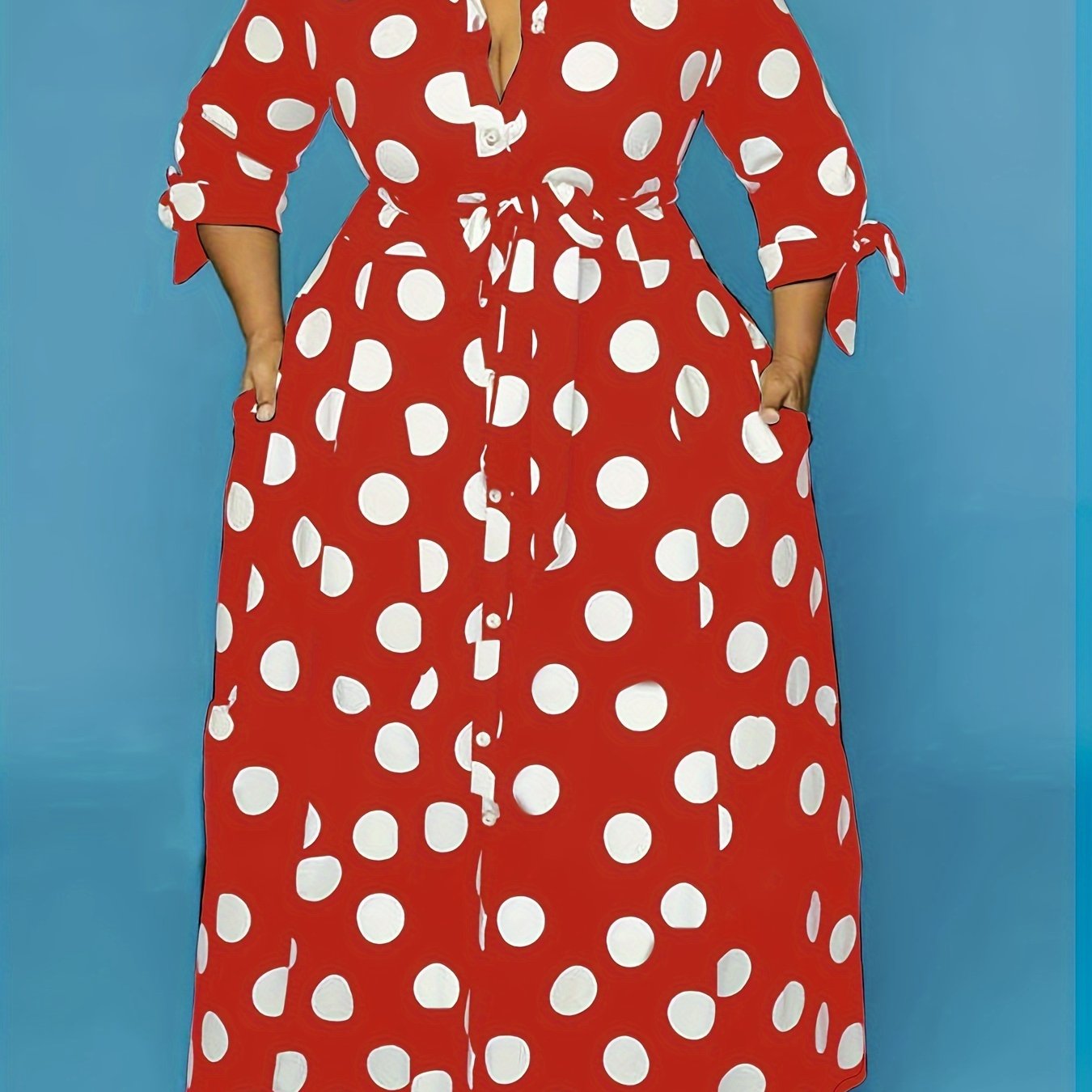 Robe Élégante Grande Taille – Femme, Maxi Robe à Pois, Boutonnée, Col avec Ceinture
