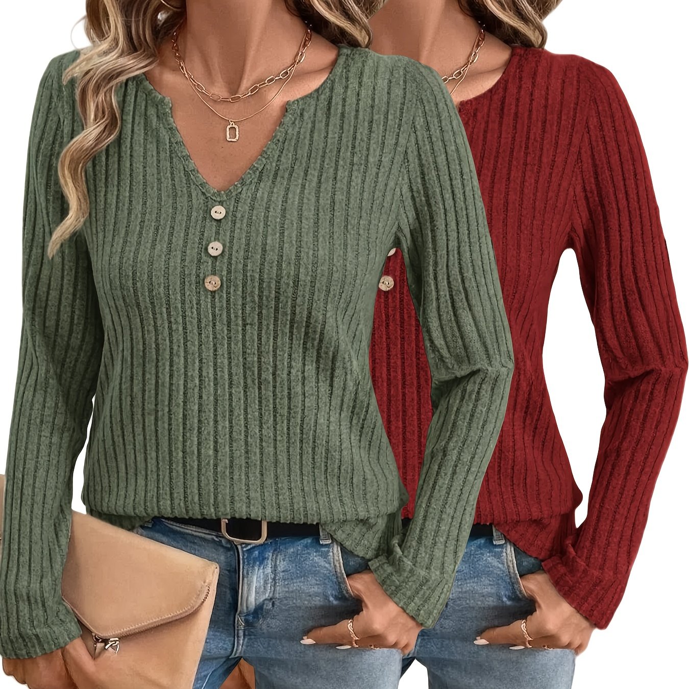 Ensemble 2 pièces pour femmes – T-shirts à manches longues, col en V, côtelé, couleur unie, automne
