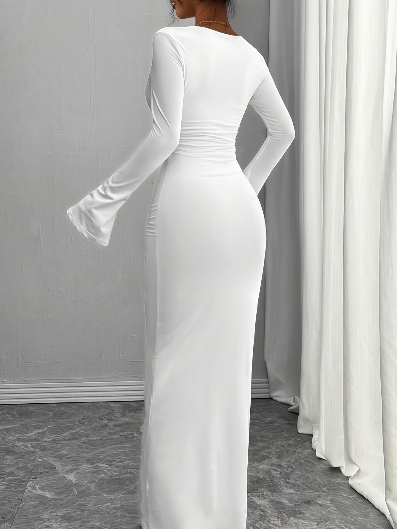 Women's Elegant White Bell Sleeve Maxi Dress - Long Formal Party Wedding Guest Gown, Fitted Dress for Autumn/Winter, Machine Washable with Chest Wrinkle Detail, No  Required, Teacher Outfit & Travel Attire suitable for Weddin