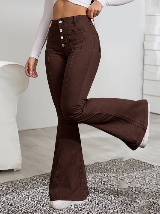Jeans Femme Taille Haute – Évasé Café, Décontracté, Extensible, Boutons, Tous Saisons, Effet Usé