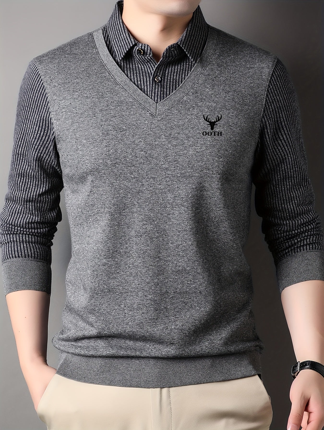 Men'S Spring And Autumn Thin Fake Two-Piece Lapel Button Long-Sleeved Knitted Pullover, Chest Embroidery, Button Placket, Suitable for Daily Commuting, Travel And Office And Other Scenes, Is The First Choice for Gifts