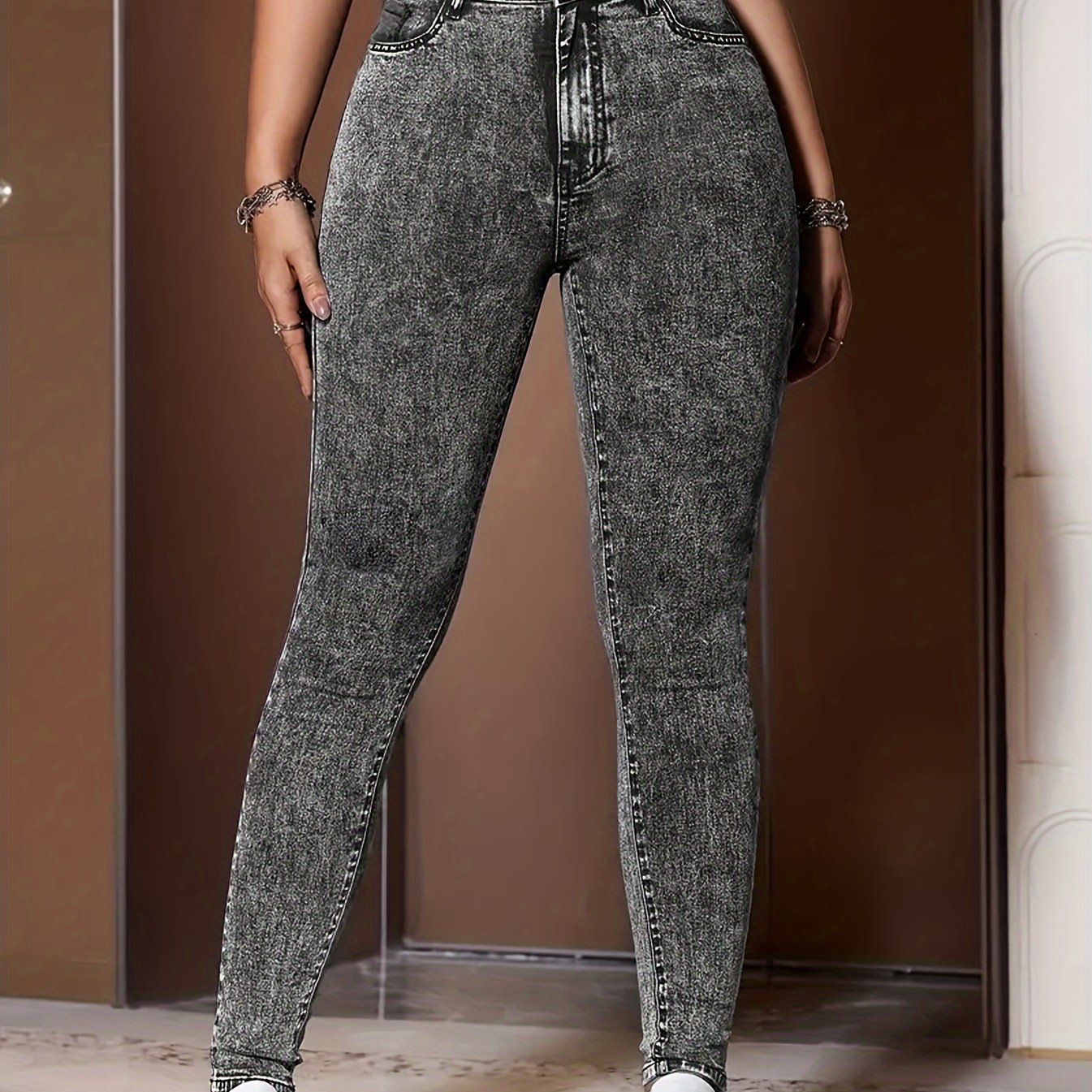 Jean stretch taille haute pour femme, mélange de polyester, coupe décontractée, taille élastiquée, braguette zippée, style printemps/été