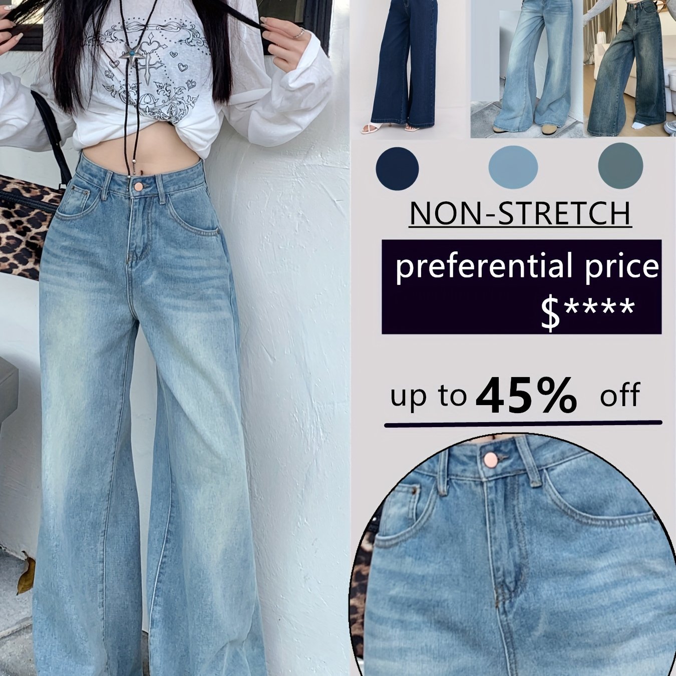 Jeans Femme Vintage Jambe Large Droite Non Extensible Taille Mi-Haute Toute Saison Décontracté et Formel