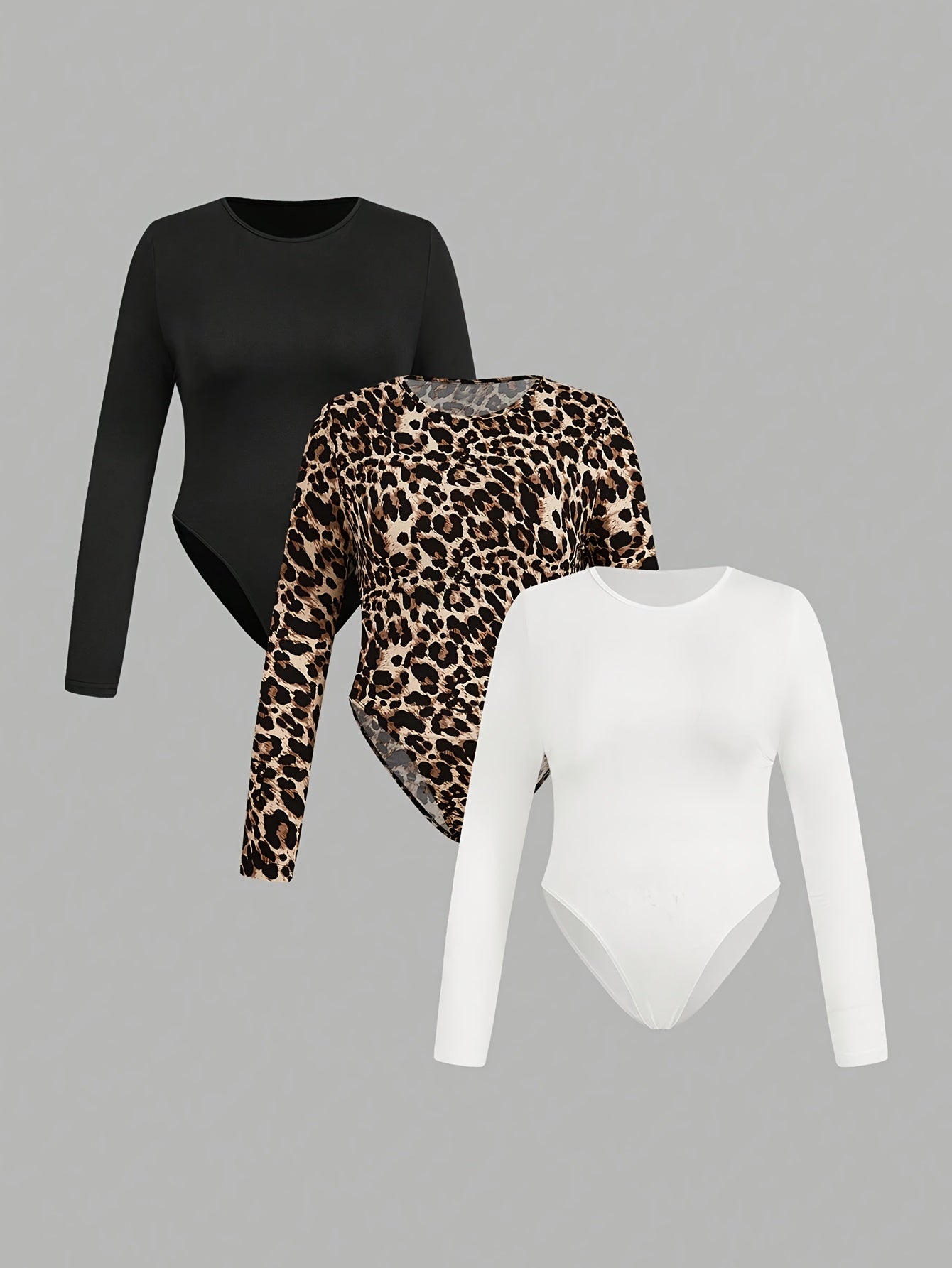 Ensemble 3 pièces grande taille pour femmes – T-shirts ajustés à manches longues, col rond, couleur unie et imprimé léopard, casual