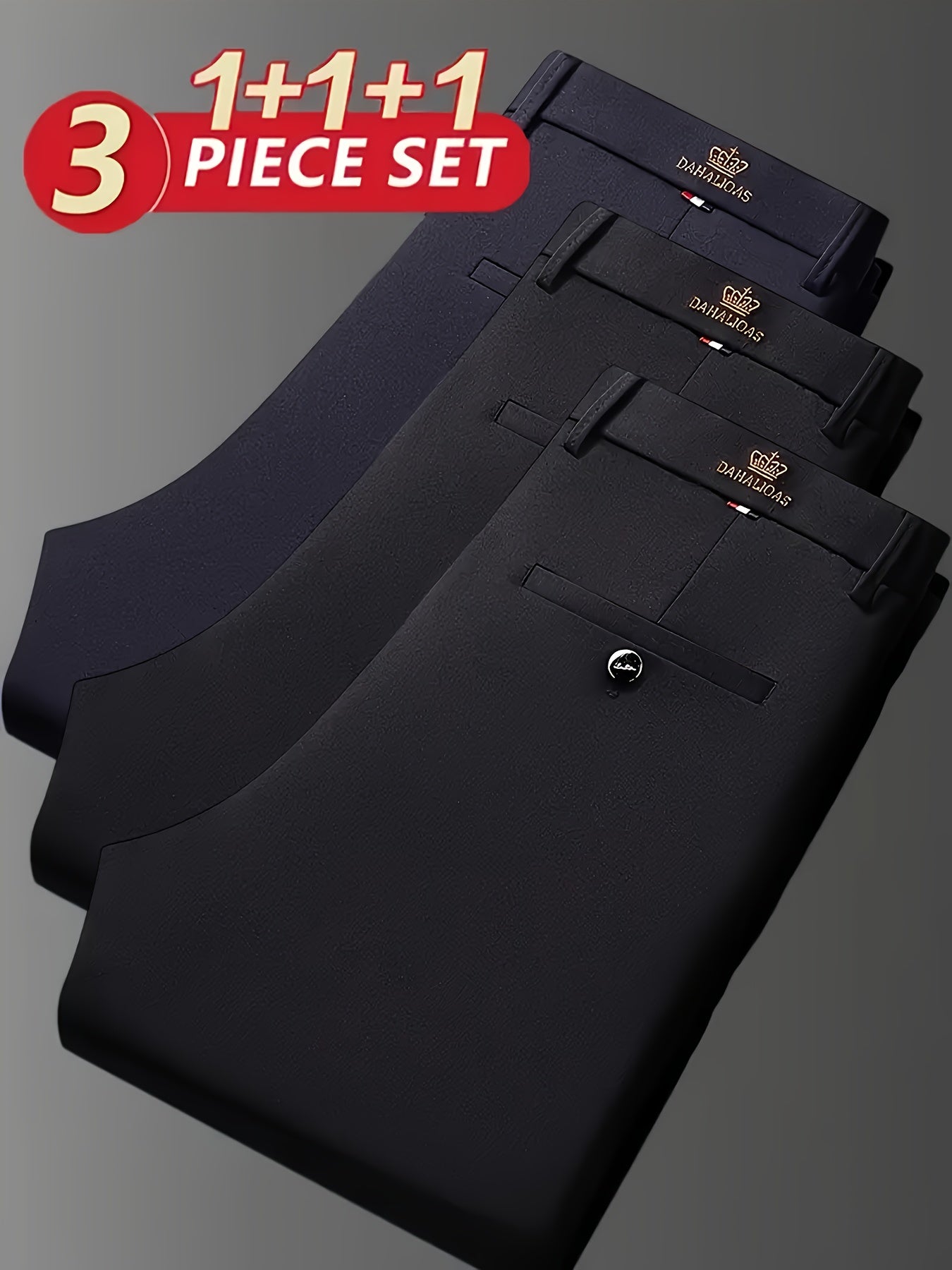 3pcs Pantalons Homme Business Casual – Stretch, Anti-Rides, Tout Saison, Logo, Zipper, Regular Fit
