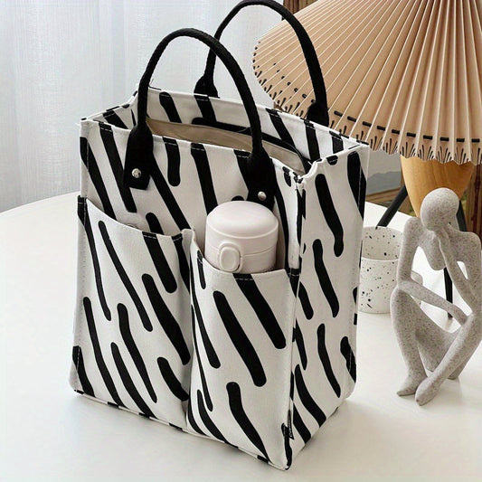Sac Cabas Original Inspiré du Japon – Polyester Épais, Grande Capacité, Motif Minimaliste à Carreaux, Fermeture Éclair, Couleurs : Bleu Marine/Blanc/Beige, Poignées Renforcées, Idéal pour Travail, Shopping et Articles Quotidiens, Sac Cabas Mignon