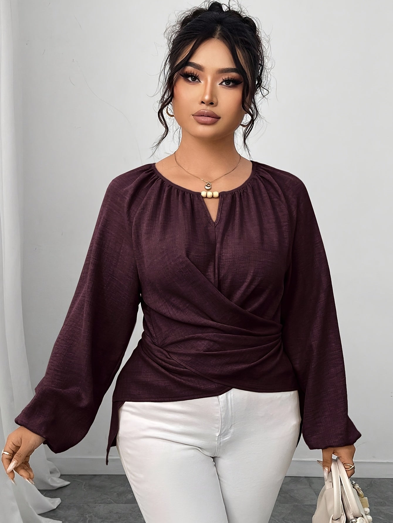 Blouse Femme Grande Taille Élégante – Manches Longues, Couleur Unie Bordeaux/Pourpre Foncé/Navy, Col Rond avec Boutons et Nœud au Dos