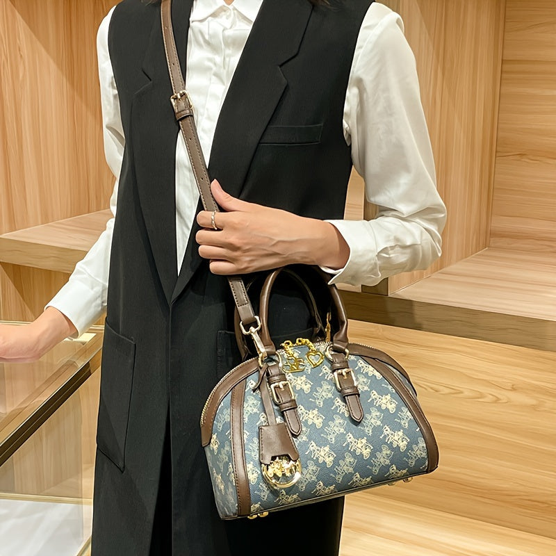 Sac à main vintage à imprimé carrosse pour femme – forme coquillage, bandoulière amovible, motif animal bleu en PVC, doublure polyester, fermeture zippée, élégant cadeau pour maman.