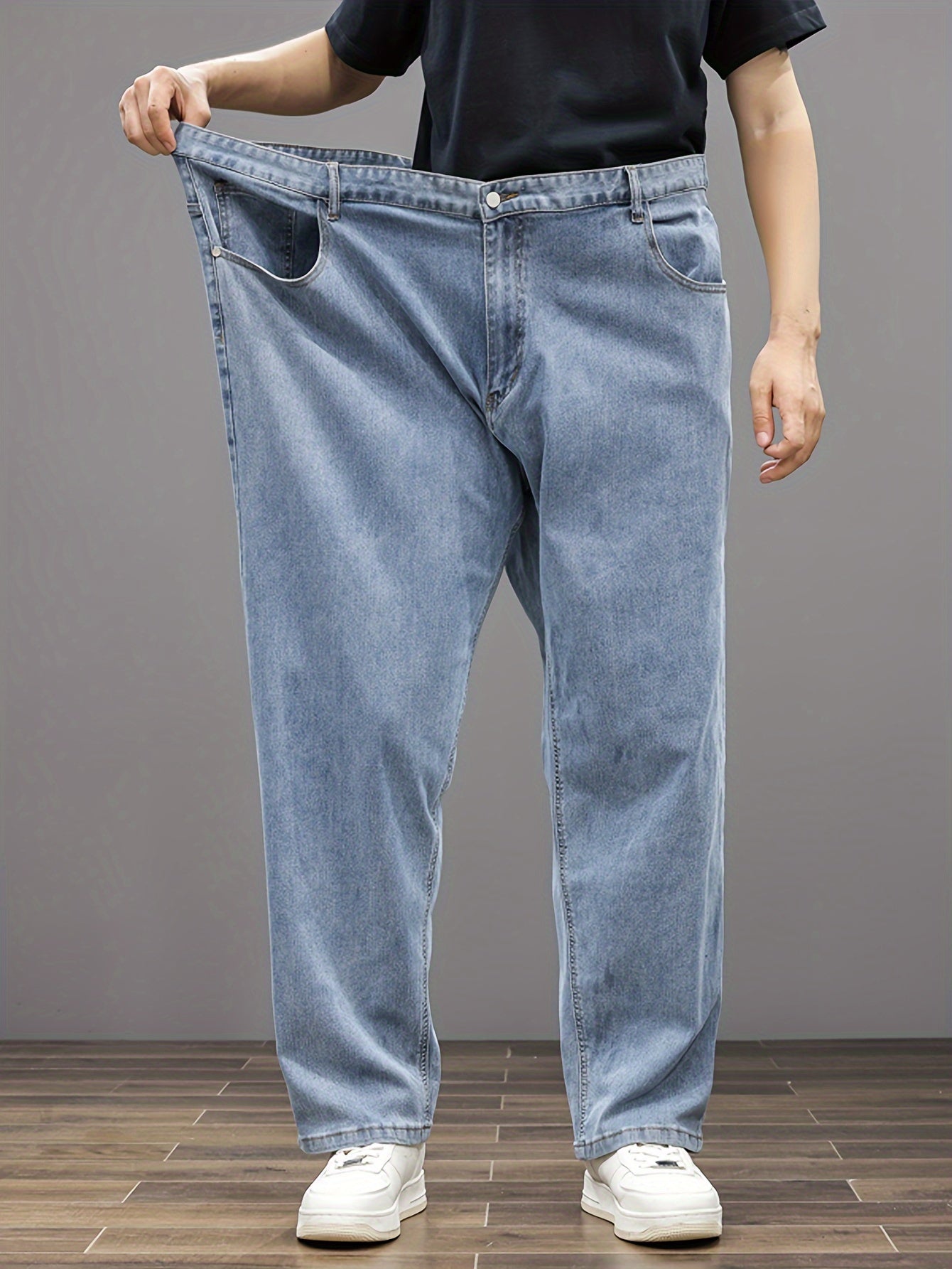 Jeans Homme Grande Taille – Bleu Clair, Jambe Droite, Taille Élastique, Stretch, Tout Saison