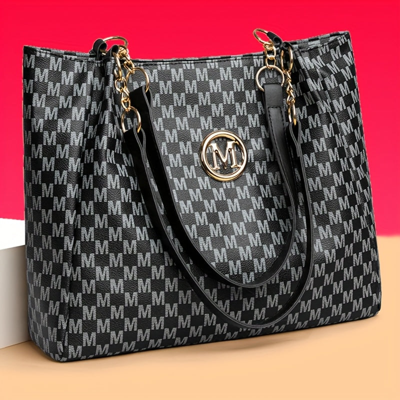 Sac Cabas Femme Élégant et Classique à Monogramme « M » – Grande Capacité, Cuir Synthétique avec Détails Marron, Bandoulières Fixes et Quincaillerie Dorée, Fermeture Éclair, Parfait pour le Travail, Déplacements et Shopping