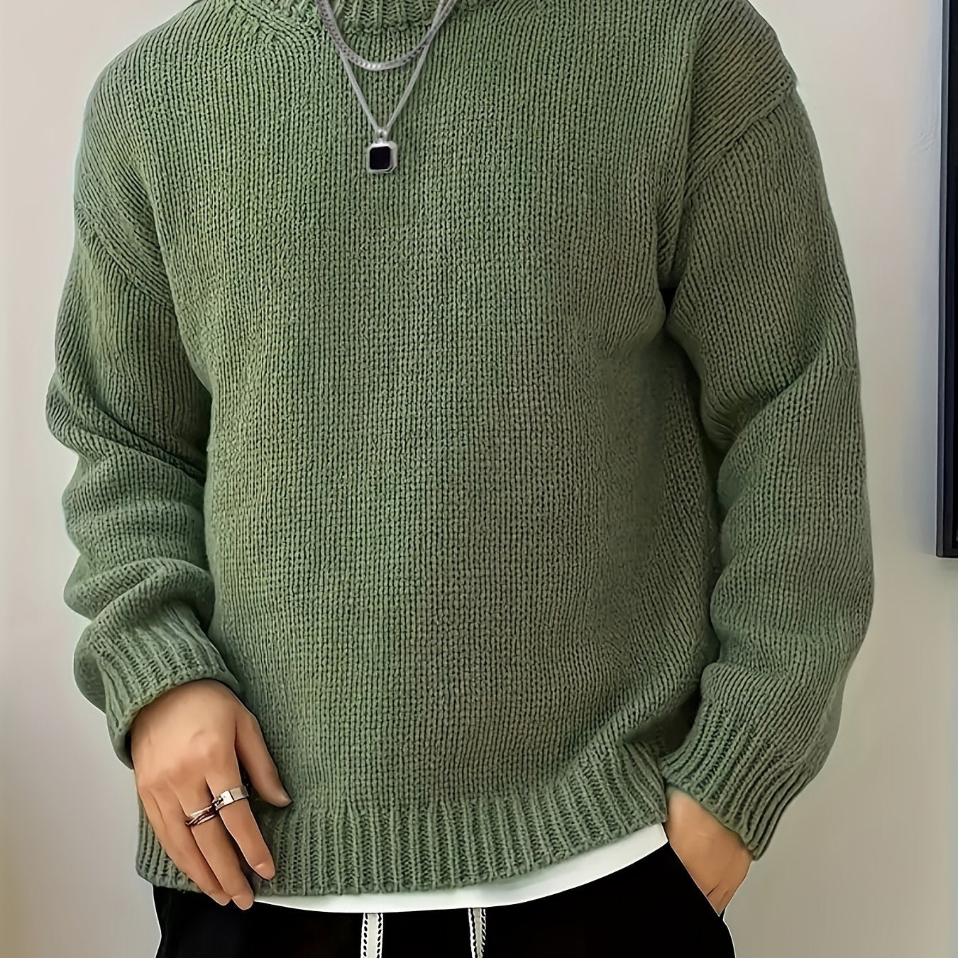 Men'S Olive Green Sweater - Soft Round Neck Long Sleeve Winter Warmth, Solid Color Casual Pullover for Fall/Winter, Regular Fit Casual Attire