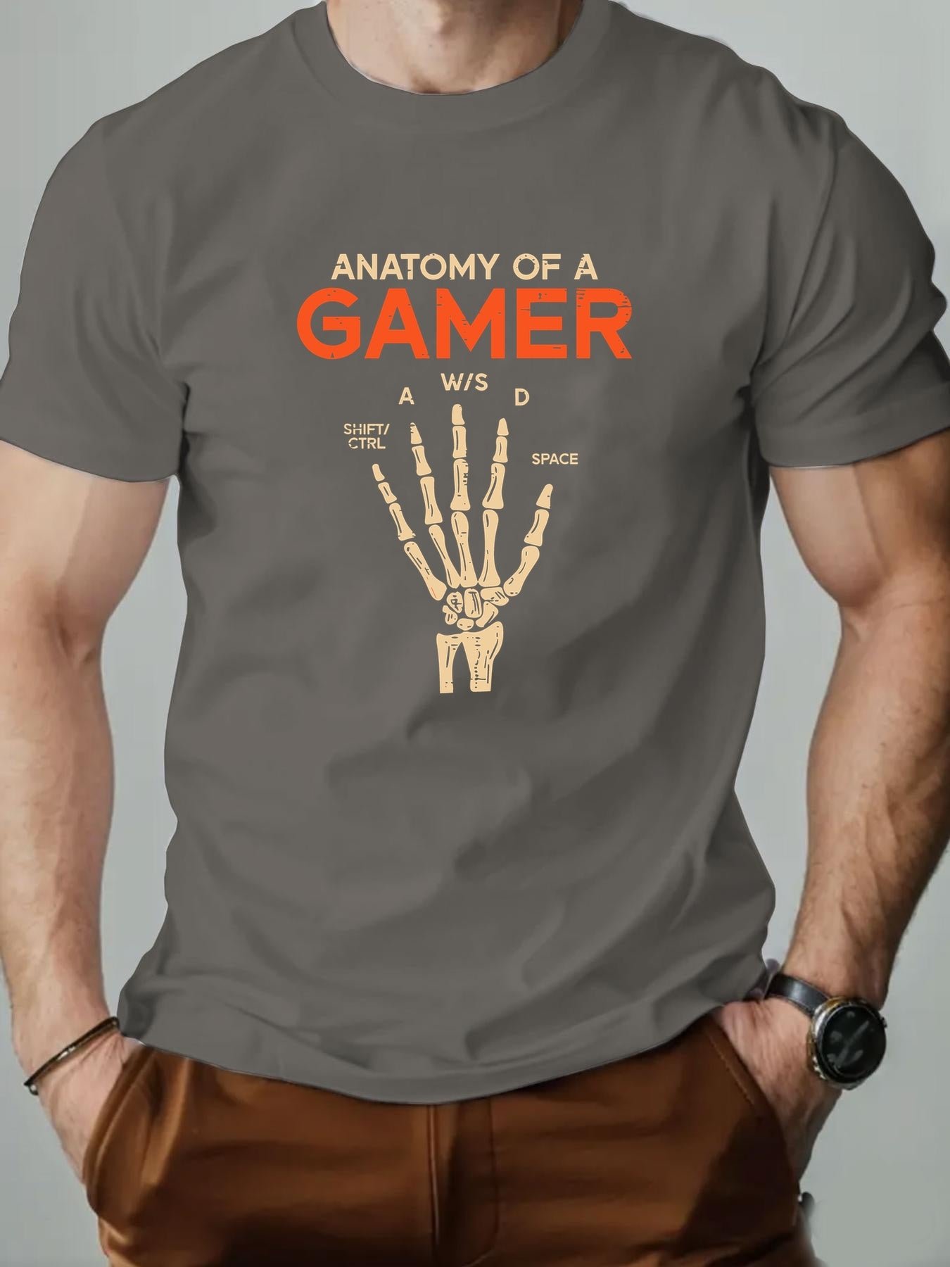 Men's Anatomy of a Gamer Graphic T-Shirt - Black Casual Short Sleeve Summer Tee with Skeleton Hand & Gaming Controls Design, Lightweight Round Neck Regular Fit for Adult Gamers, Gaming Shirt