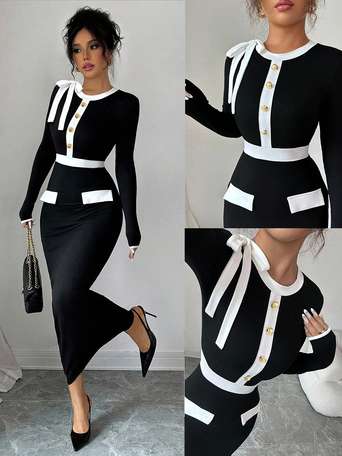 Elegant Fashion New Women'S Long Sleeve Bodycon Dress | Black and White Color Block, Sleek Contour, Crew Neck, Long Length