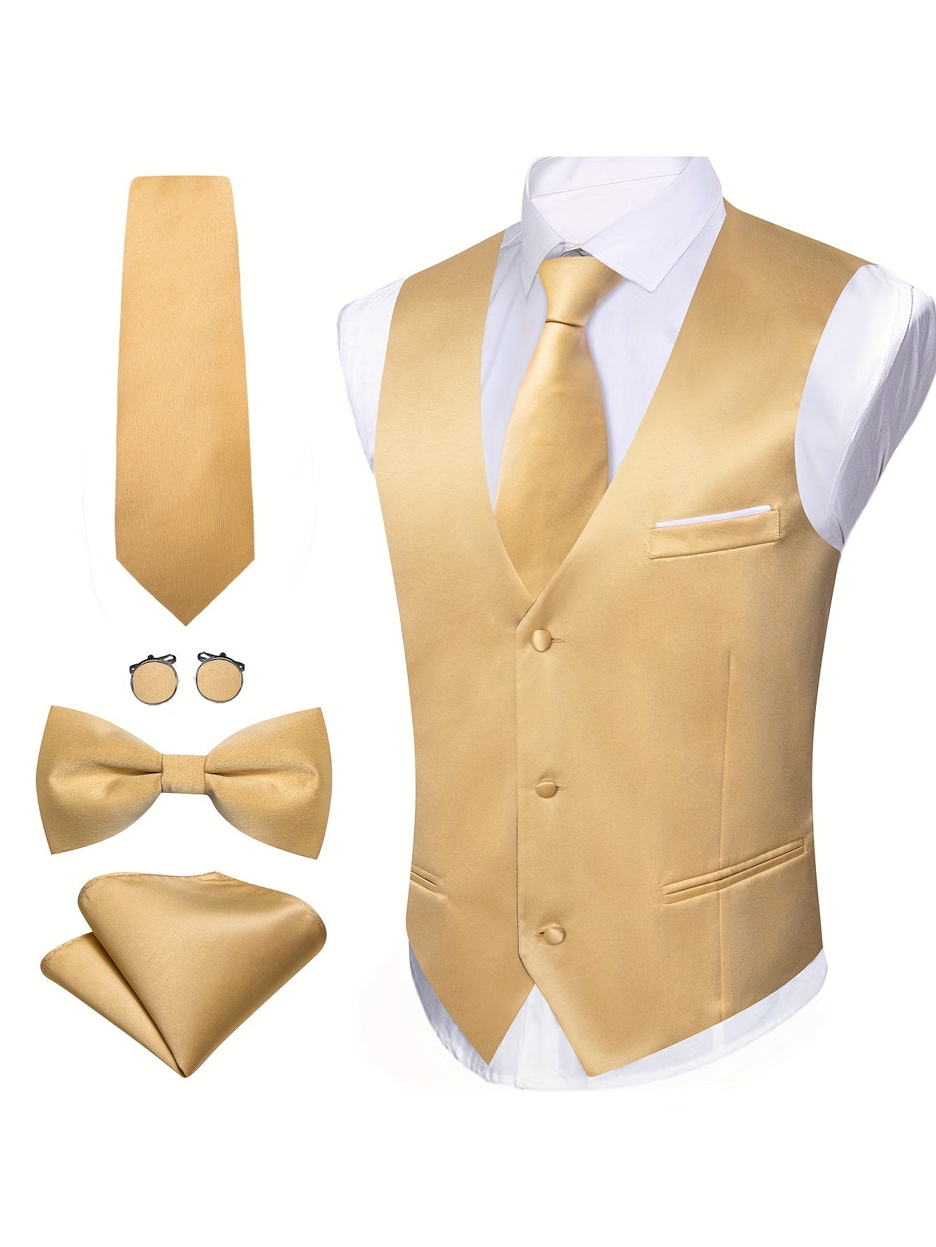 Gilet Homme avec Cravate, Nœud Papillon, Pochette & Boutons de Manchette – Mariage & Fêtes