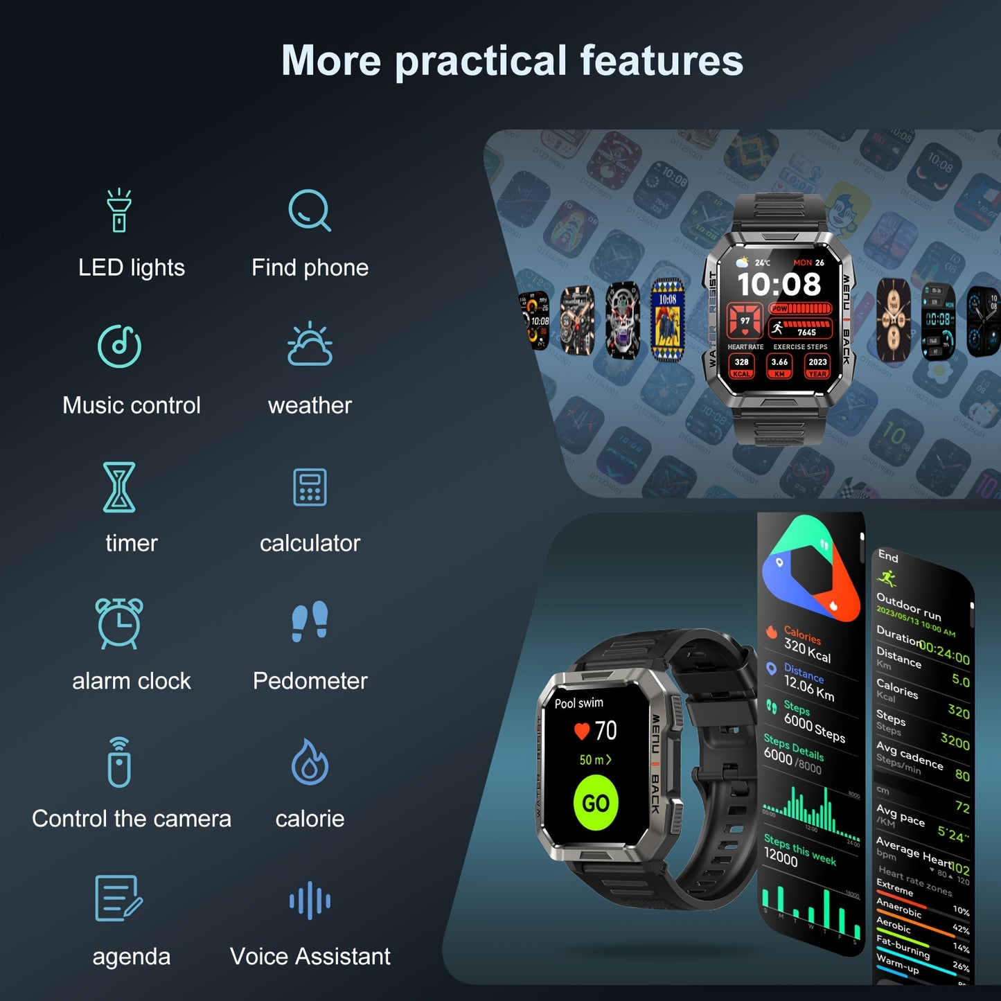 Montre Connectée Homme 900 mAh – Écran HD 2,01", Lampe Torche LED, Podomètre, Calories, Suivi Sport & Distance, Boussole, Recherche de Téléphone – Smartwatch Outdoor Idéale pour Sport & Aventure, Cadeau Anniversaire/Noël