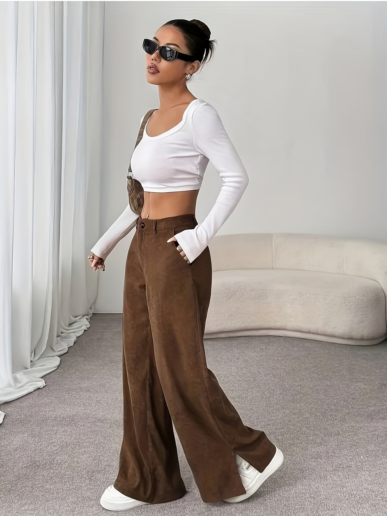 Pantalon Femme Décontracté Jambe Large – Poches Latérales, Tous Saisons, Bureau et Décontracté