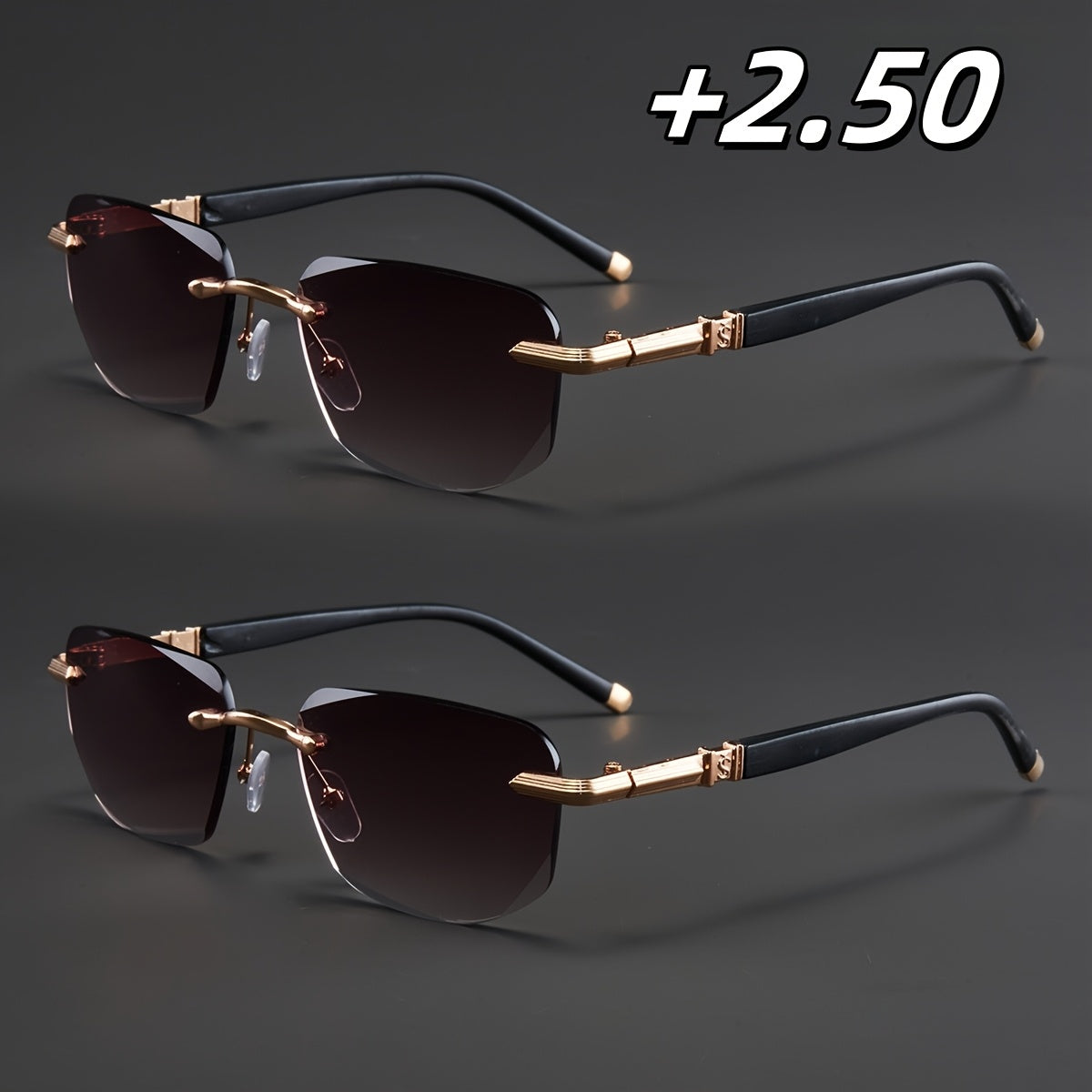 Two Pairs, Bundled Set, Stylish, Men'S, Exquisite, Luxurious, Rimless, Beveled Edge, Reading Glasses, Metal Frame, Options: 100, 150, 200, 250, 300, 350, And 400 Degrees, Without Battery, Christmas Gifts