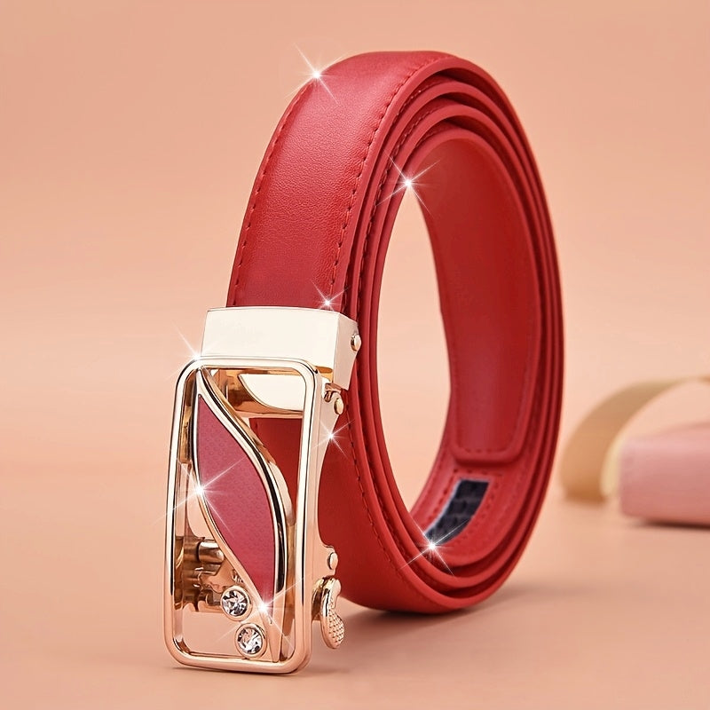 Ceintures pour femmes – Boucle automatique, design polyvalent sans trous, pour jeans et tenues décontractées, options rouge et noir, ceinture décontractée, design de boucle stylée, boucle dorée