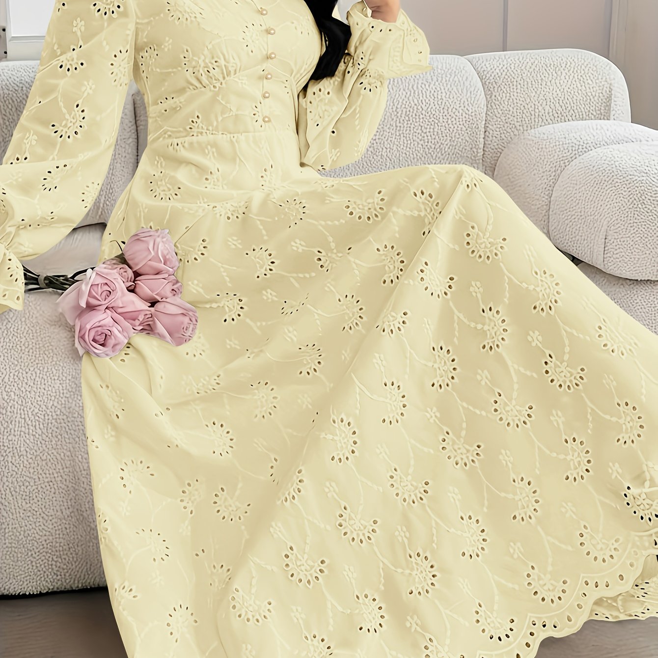 Women'S French Embroidered Stand Collar Puff Sleeve Dress Featuring a Ruffled Design, Suitable for Dates, Vacations, Parties, And Everyday Commuting.