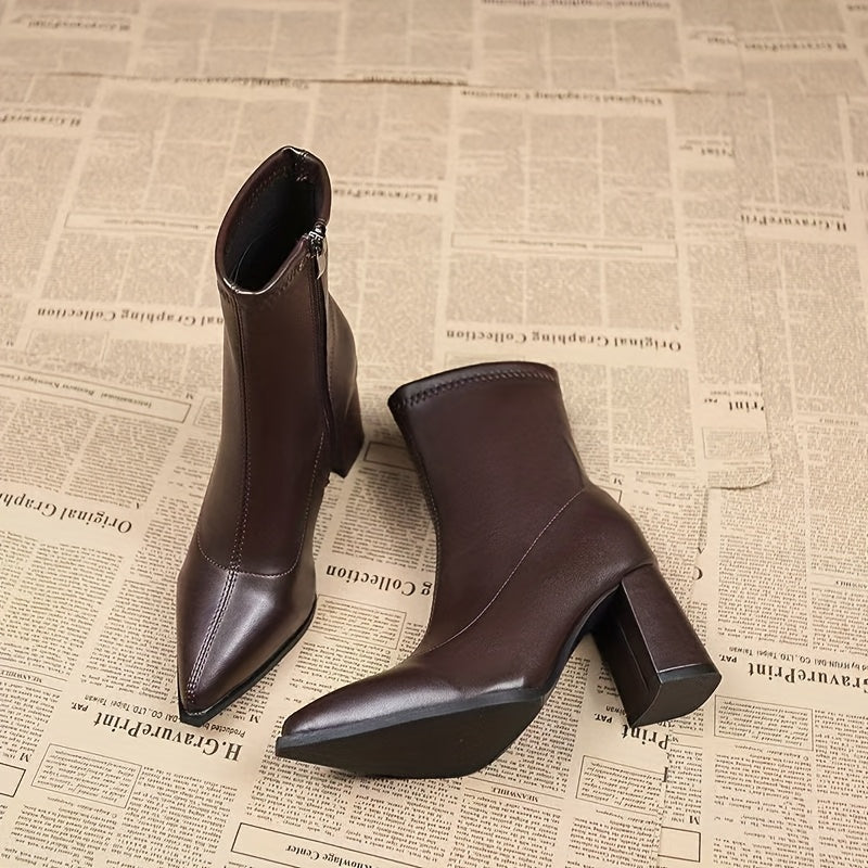 Bottines Élégantes Femme à Talon Bloc Épais — Bout Pointu, Couleur Bordeaux/Brun, Revêtement Synthétique