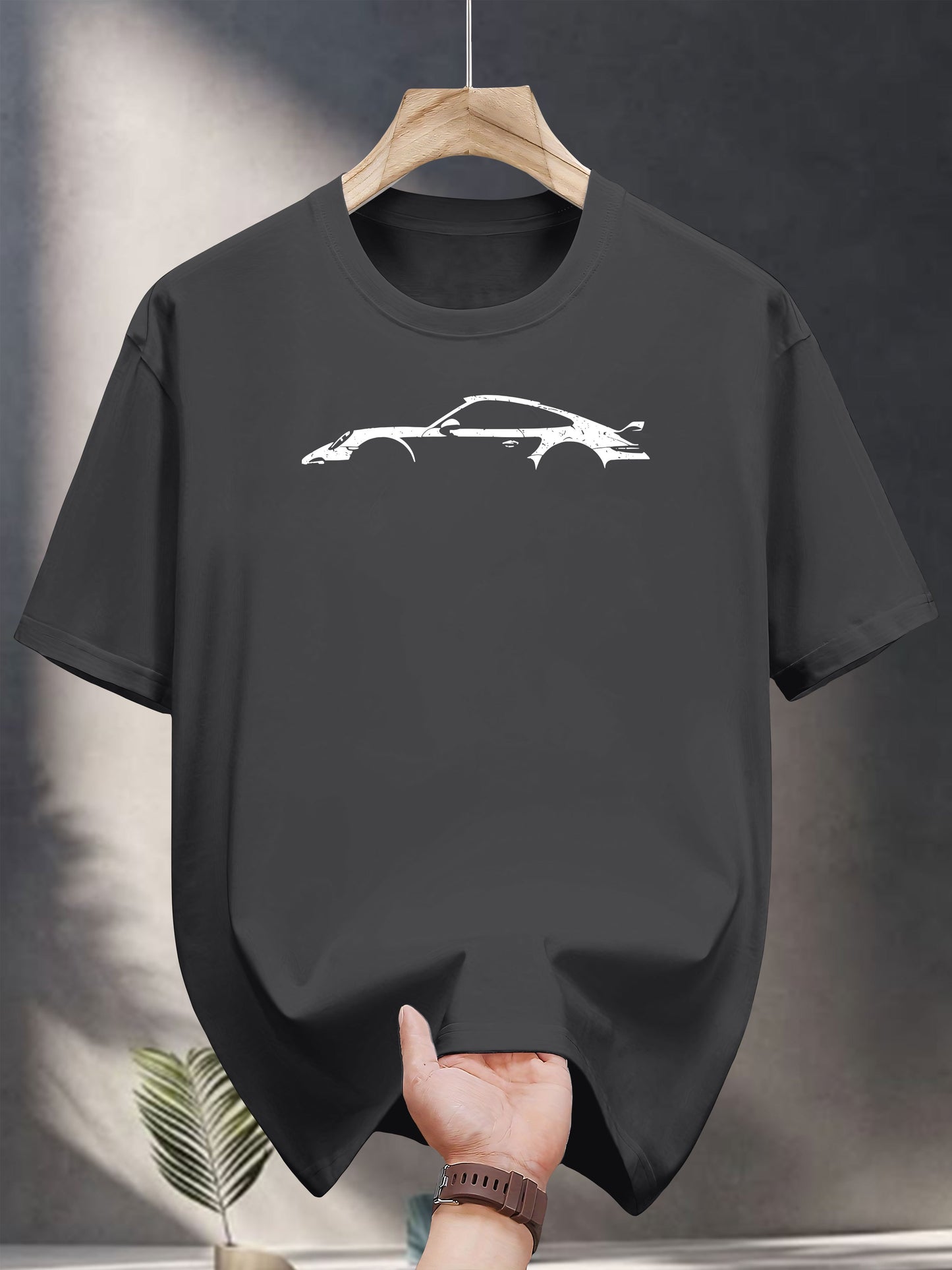 200g 100% Cotton Casual Short Sleeve T-Shirt with Car Graphic Print - Black Round Neck Summer Tee for Adults, Machine Washable