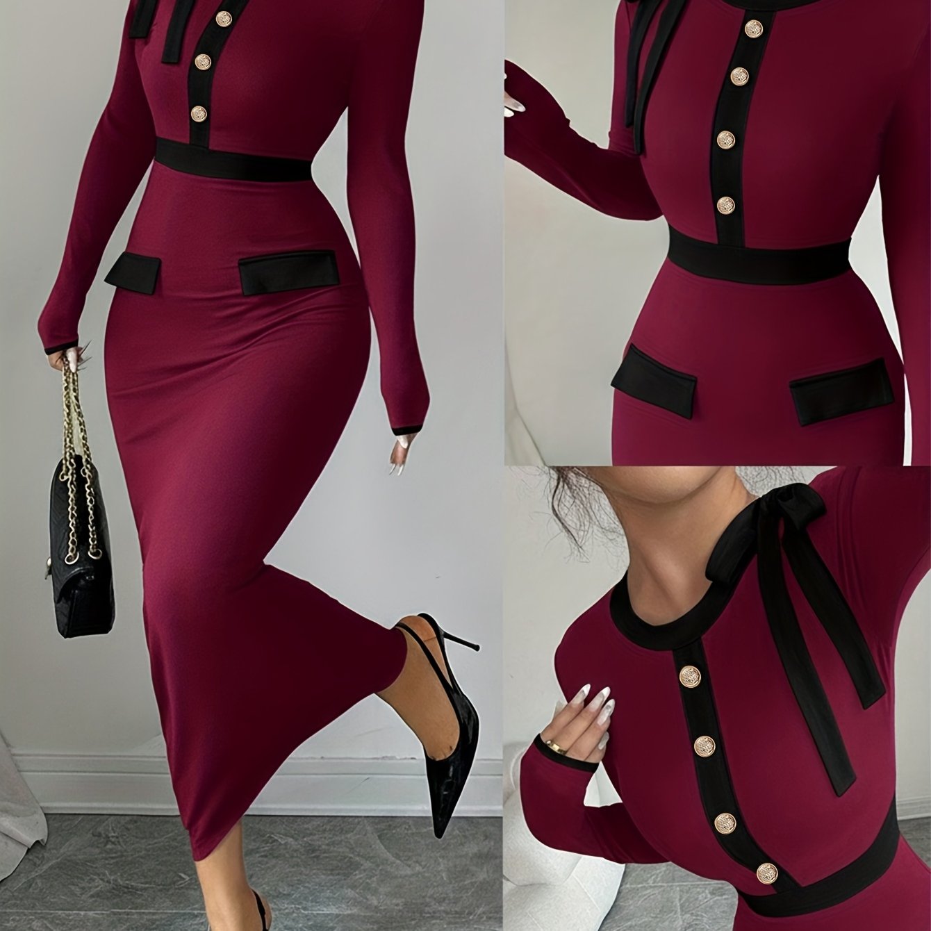 Women's Elegant A-Line Dress with Bow & Button Neckline - Black & White Contrast Long Sleeve Wedding Guest Dress, Church Dress, Year-Round Wear - Machine Washable A-Line Silhouette for Parties & Special Occasions (s)