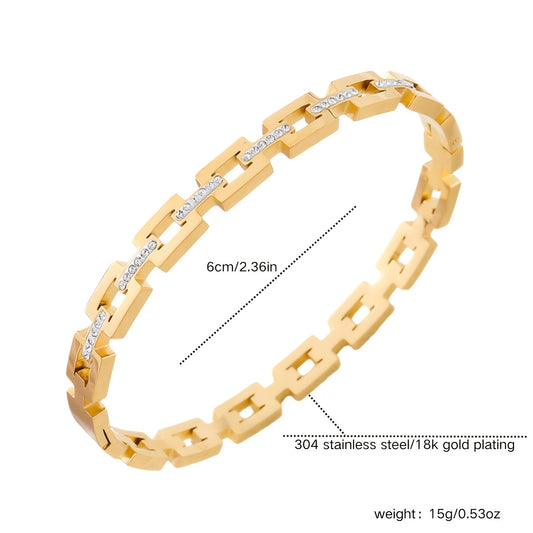 Bracelet jonc élégant Infinity – plaqué or 18K, acier inoxydable orné de strass, design classique à maillons carrés avec pierres scintillantes, parfait comme cadeau, accessoire quotidien, style classique et durable