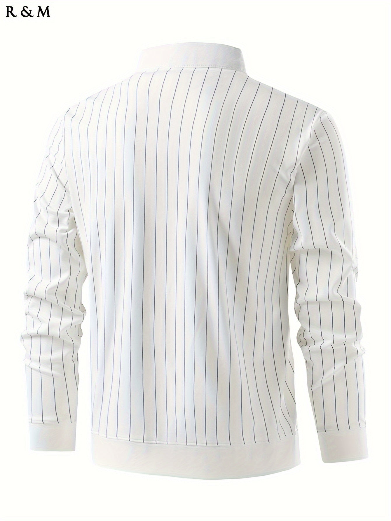 Mens Slimming Vertical Striped Long Sleeve T-Shirt - Light Business Style, Stand Collar, Four-Season Comfort, Regular Fit, Black with Dark Stripes, Hand Wash Only, Casual Wear, Elegant Pullover, Durable Casual Wear