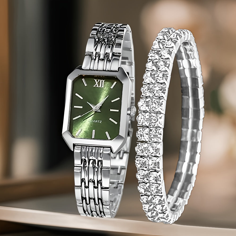 Coffret Cadeau Montre Femme – Lot de 2 Pièces Élégantes, Montre Style Classique avec Bracelet de Luxe, Cadran Rectangulaire Rétro, Bracelet Confortable en Alliage, Idéal Cadeau Famille et Amis, Parfait pour Pâques ou Tenues Décontractées