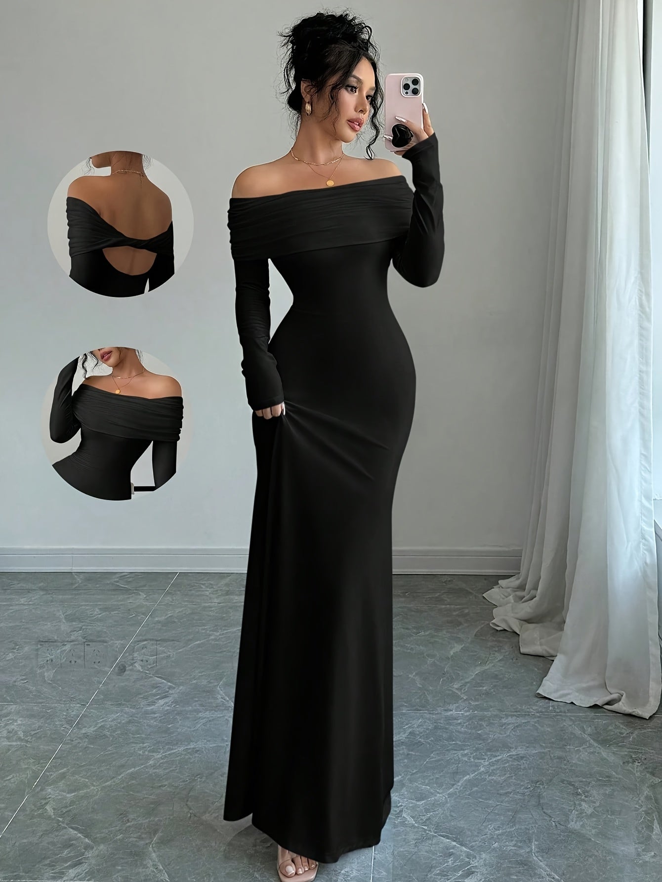 Women's Elegant Strapless/ Neck Twist Back Mermaid Dress - Solid Color Fitted Long Sleeve Dress Suitable for Weddings, Parties, Business Events - Machine Washable Year-Round Wear