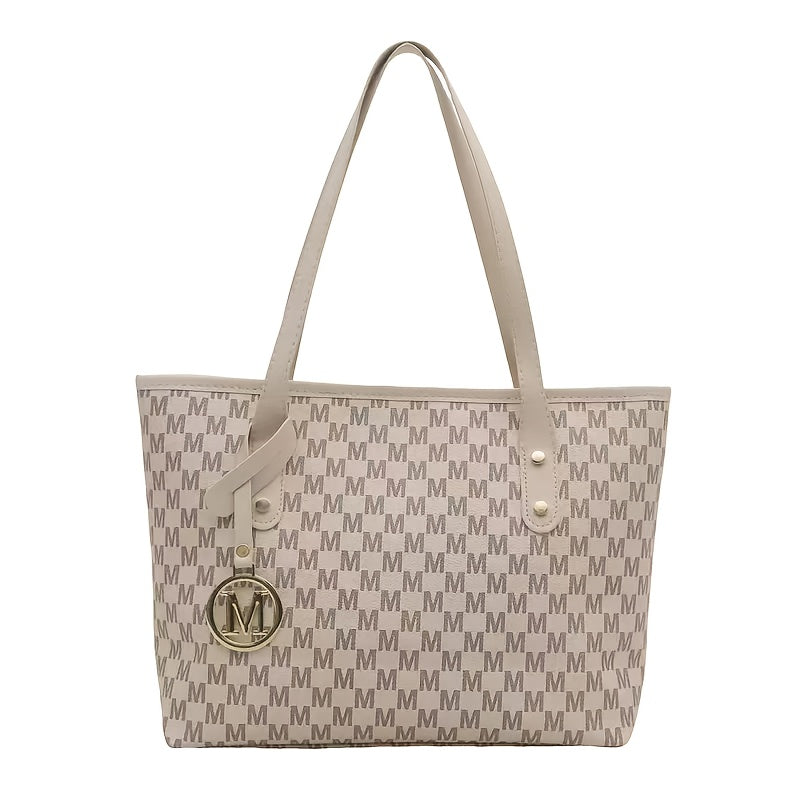 Grand sac cabas femme – style designer, cuir synthétique géométrique, bandoulière chaîne dorée détachable, monogramme "M", léger, idéal pour bureau, école ou shopping, couleurs café, beige, noir