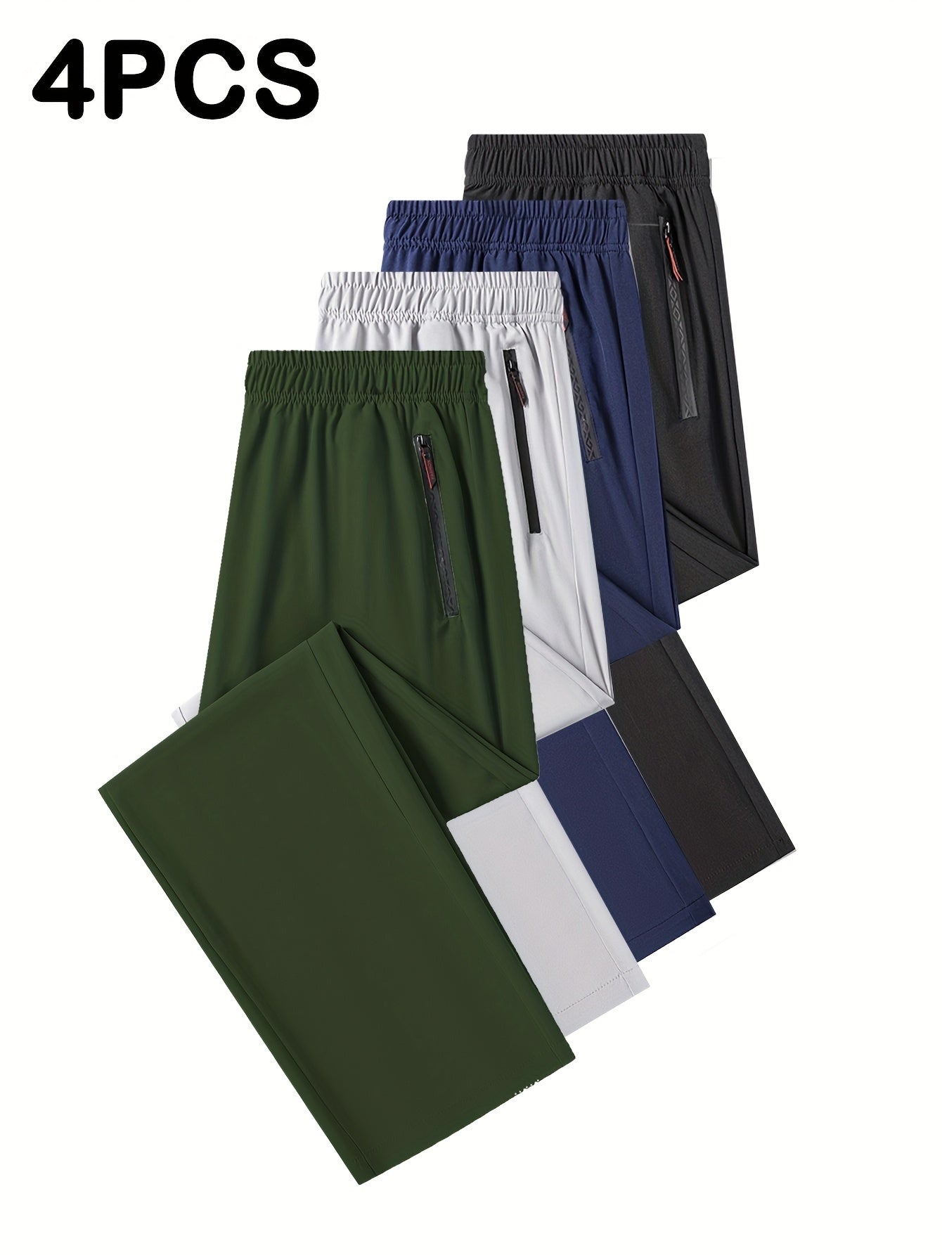 4pcs Pantalons Homme Casual – Cordon, Léger & Stretch, Poches Zippées, Running & Jogging