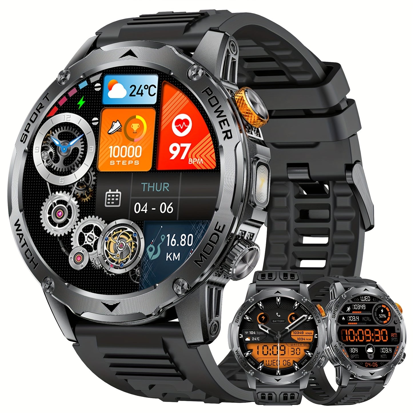Montre Connectée Homme – Écran HD 4,45 cm, Plus de 50 Modes, Autonomie Ultra Longue avec Batterie 1000 mAh, Fonctions Téléphone, 110+ Modes Sport, Suivi du Sommeil, Podomètre, Compatible Android et iPhone, Lot de 3 Bracelets avec Lumière Flash