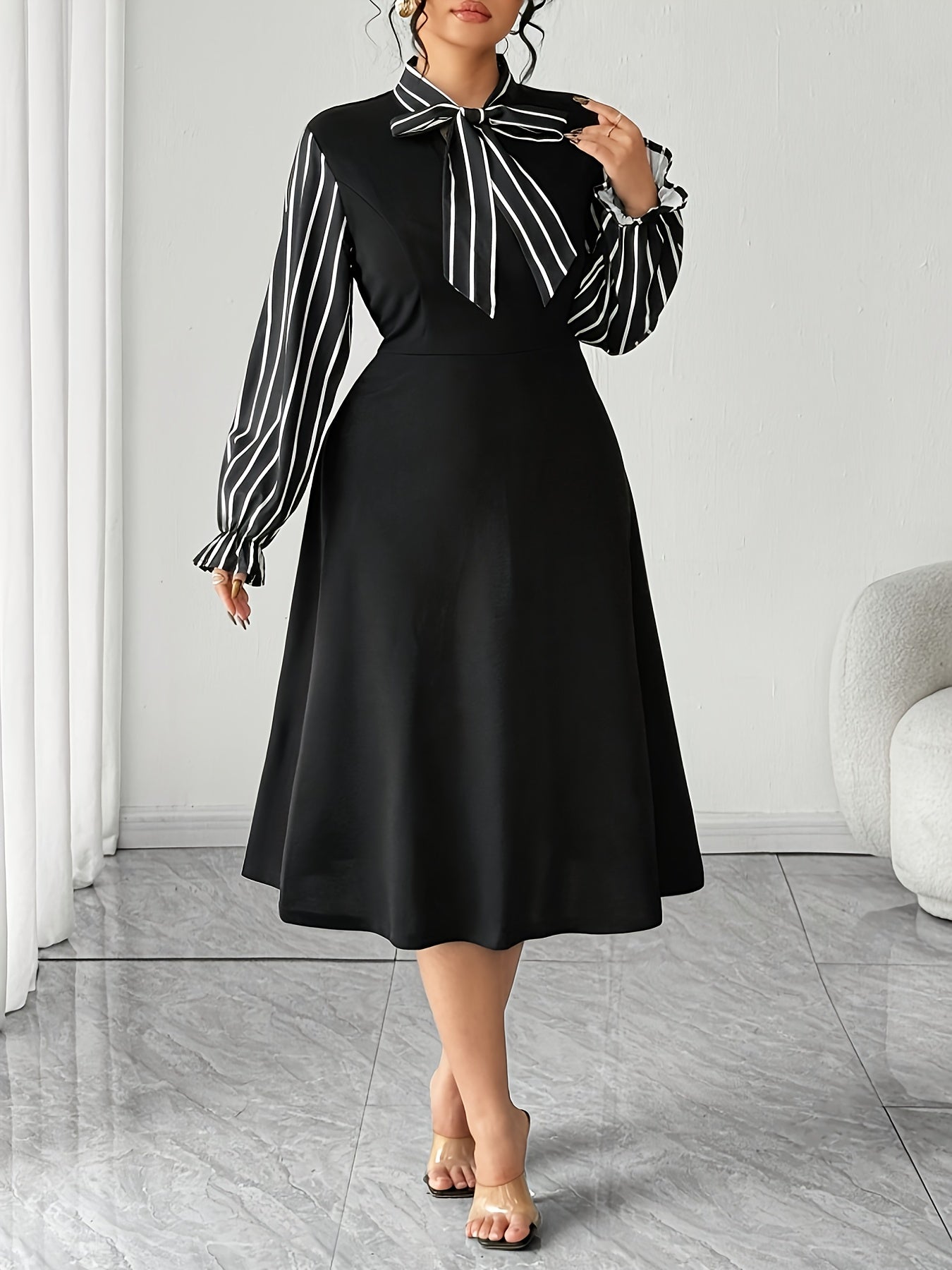 Plus Size - Plus Size Women'S Long Sleeve Striped Dress | Fashionable Waist-Cinched Black A-Line Peplum Dress with Collared Neck and Lace-Up Details for Fall/Winter