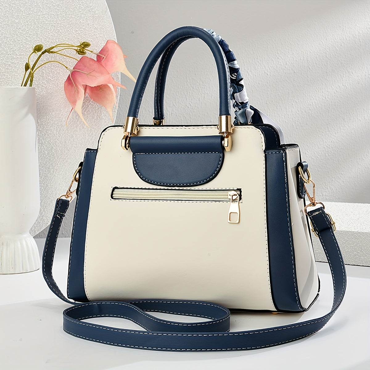 Sac à main pour femmes – broderie florale, bandoulière réglable, fermeture zippée, bleu marine et blanc, parfait pour travail, voyage ou cadeau fête des mères, doublure polyester, avec écharpe décorative