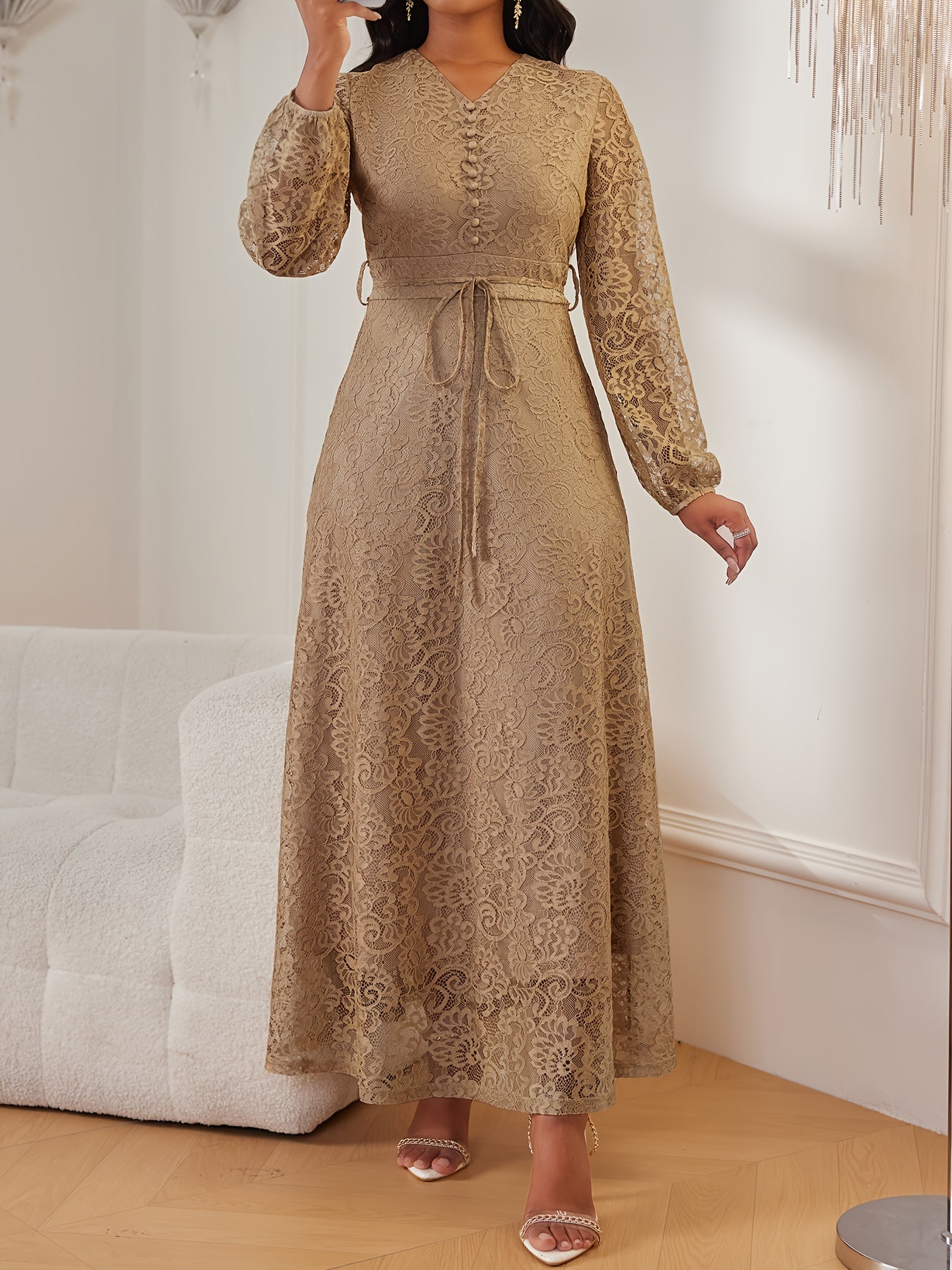 Robe Femme Printemps/Automne – Élégante et Tendance, Pour Bureau ou Fête, Dentelle Florale, Couleur Unie, Semi-Transparente avec Ceinture et Doublure, Col V, Faux Boutons avec Fermeture Éclair, Manches Longues, Jupe Évasée Maxi