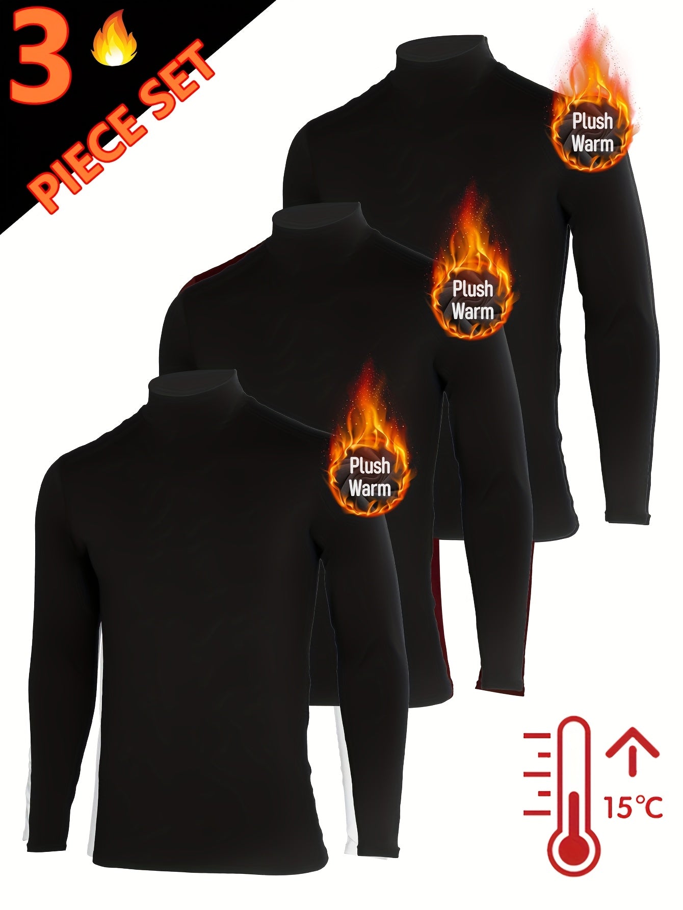 3pcs Sous-Vêtements Thermiques Homme – Col Montant Manches Longues